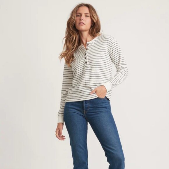 Marine Layer Double Knit Carter Henley in White/Black Stripe - Picture 2 of 8